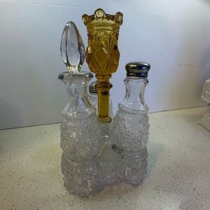 Rare 1880s Antique EAPG Daisy & Button Cruet Set by Belmont Glass Works Amber